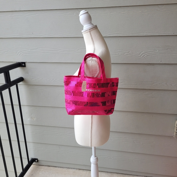 NWT Victoria's Secret Small Petite Sequin Pink Striped Canvas Shimmery Tote Bag - Picture 1 of 10